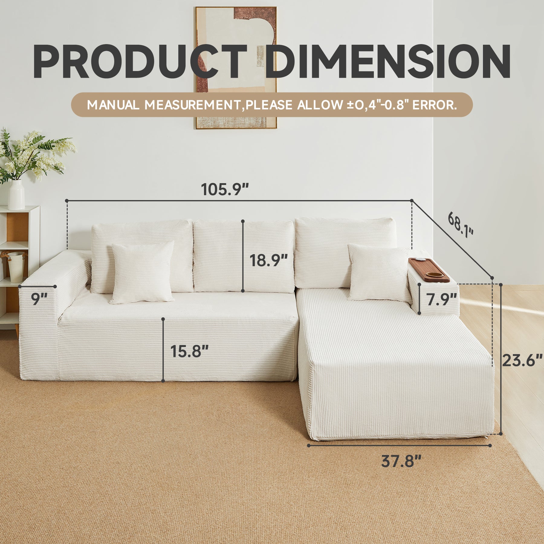 Modular Sectional Sofa Cloud Couch with Multi-Functional Armrests, Boneless Plush L-Shape Living Room Couch with Deep Seat, Fluffy Comfy Sleeper Sofa Easy Assembly