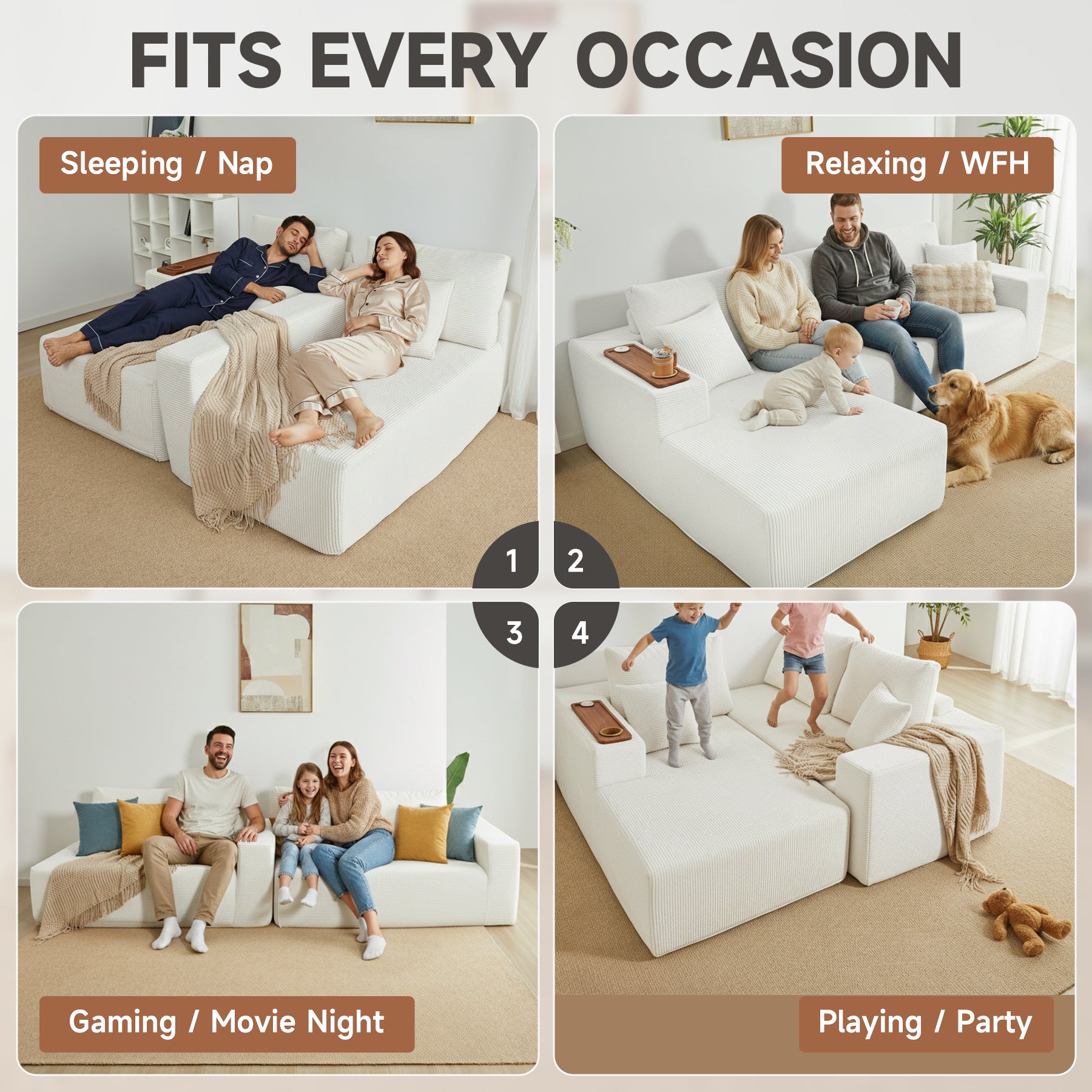 Modular Sectional Sofa Cloud Couch with Multi-Functional Armrests, Boneless Plush L-Shape Living Room Couch with Deep Seat, Fluffy Comfy Sleeper Sofa Easy Assembly